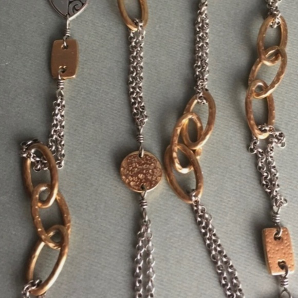 Brighton Deco Necklace Silver and Gold Plated Hammered Hearts Discs Links Long - Picture 5 of 9